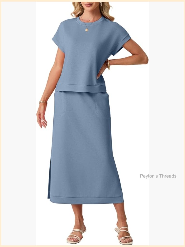 Womens 2 Piece Set - Round Neck Short Sleeve Top & Elastic Waist Maxi Skirt